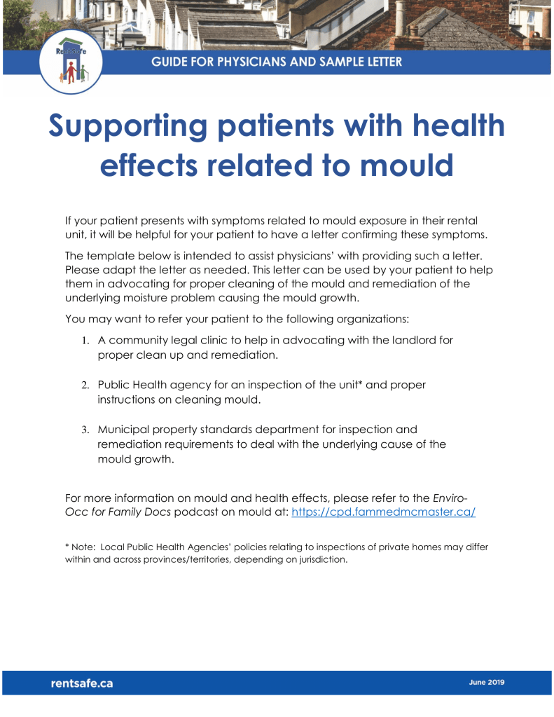 Guide for Physicians and Sample Letter Supporting patients with health effects related to mould, logo, page 1